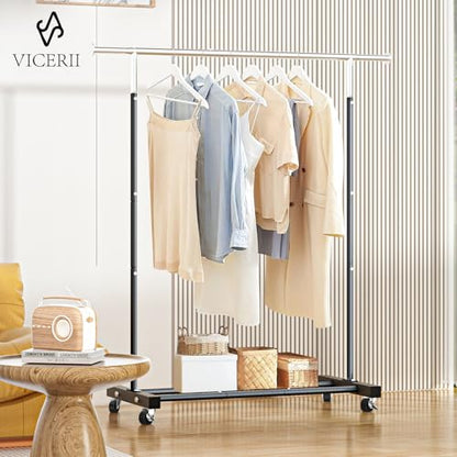 VICERII Clothing Rack, 55.51 Inch Heavy Duty Clothes Rack Rolling Garment Rack with Wheels and Bottom Shelf, 130LB Capacity Clothes Racks for Hanging Clothes, Coats, Shirts, Sweaters, Skirts, Black - color: Black, size: Single