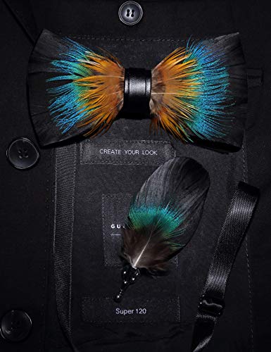 RBOCOTT Handmade Feather Pre-tied Bow tie and Brooch Sets for Men - color: Orange/Blue