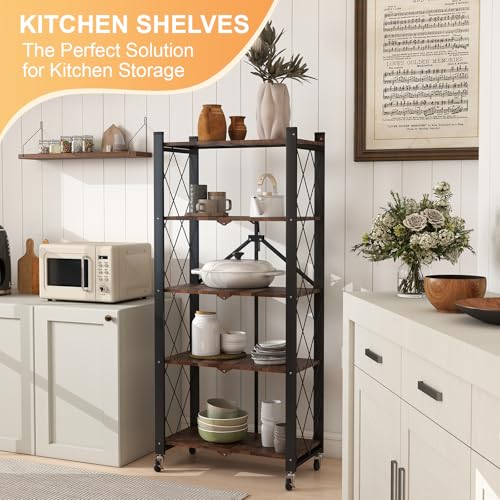 5-Tier Foldable Storage Shelves with Wheels,Folding Bookshelf no Assembly - color: Rustic Brown, size: 5 Tier