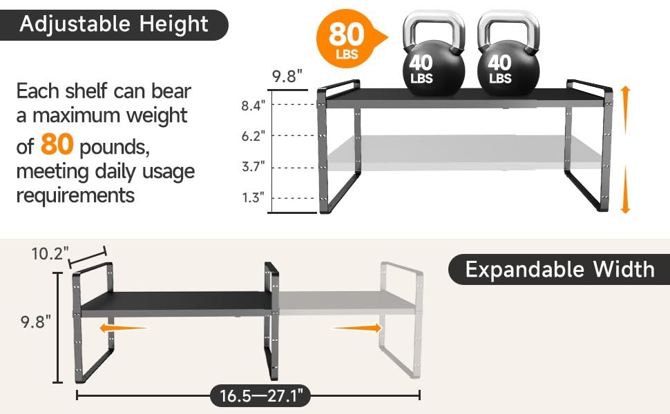 16.5~27.1" Expandable Shelf，1Pack 8.1" Wide Adjustable Height Cabinet Shelves，Black - color: Black, size: 1Pcs // 8''W