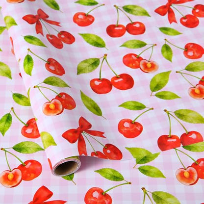 Sikiweiter Cherry Wrapping Paper Roll - 17" x 16.5 ft - Pink Gingham with Red Cherries and Bows - Gift Wrap for Birthday, Party, Baby Shower, Sweet Themes(Cherry) - color: Cherry