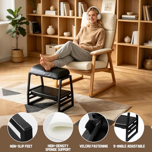 Under Desk Iron FootRest,Adjustable 9-Position Ergonomic Foot Stool - color: Black