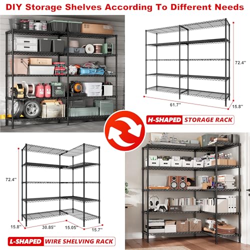 REIBII 5-Tier Heavy Duty Metal Shelving, 1500LBS 72.4" H Storage Shelf - style: Black-15.8" Dx61.7" Wx72.4" H-5 Tier