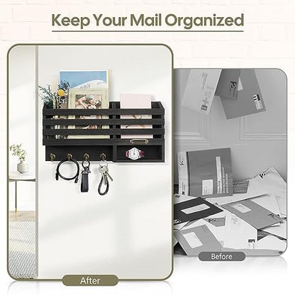 FifthQuarter Mail Holder Wall Mount with 2 Mail Slot and 4 Sturdy Hooks - color: C-Black