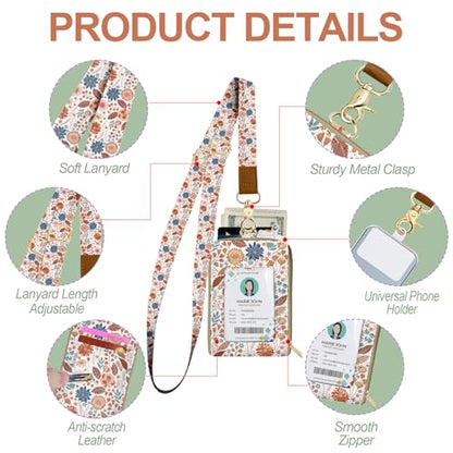 Floral Lanyard Wallet & ID Badge Holder, Cute RFID Women ID Badge Wallet for Women, Credit Card Holders with Zipper Pocket Keychain Phone Lanyard Wrist Strap for Teacher Nurse Gifts, Autumn Flowers - color: Autumn Flowers Leaves