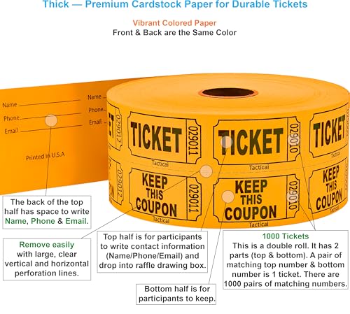 Tacticai 1000 Raffle Tickets, 50/50 Double Roll, Orange - color: A - Double Roll - 1,000 Tickets - Keep - Orange