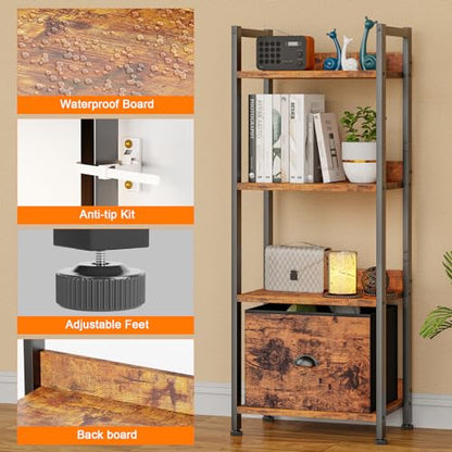 Furologee 4 Tier Bookshelf with Drawer, Small Narrow Bookcase, Rustic Brown - color: Rustic Brown, size: 4 Tier