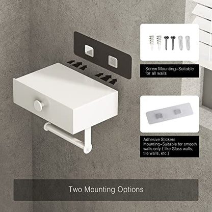 VOLDRA Toilet Paper Holder with Shelf White Wipes Dispenser for Bathroom Toilet Paper Holder with Storage Upgrade Drawer Design Toilet Tissue Holder Adhesive Small Bathroom Shelf Wall Mount - color: White
