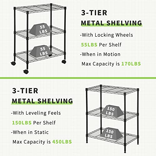 Wire Shelving Unit with Wheels, 3 Tier Adjustable Rack - color: Black, size: 13"D x 23"W x 31.3"H