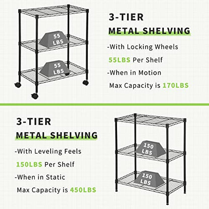 Wire Shelving Unit with Wheels, 3 Tier Adjustable Rack - color: Black, size: 13"D x 23"W x 31.3"H
