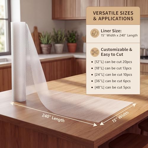 PABUSIOR Clear Shelf Liners for Cabinets: 15"W x 240"L Dual-Sided Non-Slip - size: 15"W x 240"L