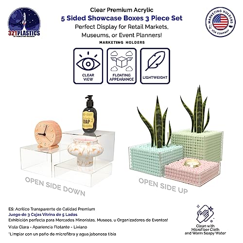 Marketing Holders 3 Piece Acrylic Display Riser Boxes Clear Retail Product Riser with Hollow Bottom No Lid 2", 4", 6" High Nesting Bins One Open Side Merchandise Storage Box - size: Set of 3 Clear