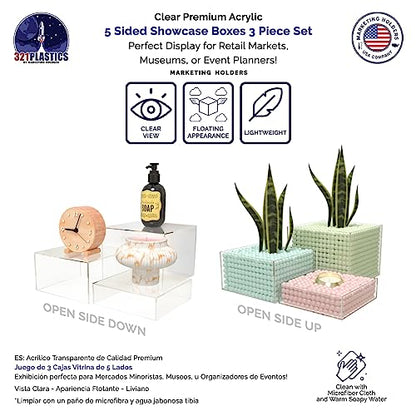 Marketing Holders 3 Piece Acrylic Display Riser Boxes Clear Retail Product Riser with Hollow Bottom No Lid 2", 4", 6" High Nesting Bins One Open Side Merchandise Storage Box - size: Set of 3 Clear