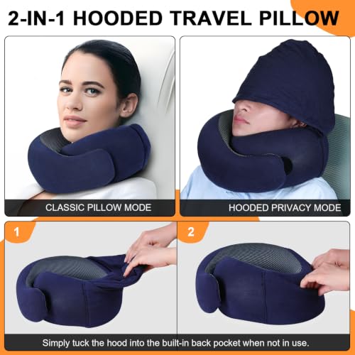 Travel Pillow - Hooded Neck Pillow Airplane Memory Foam Filling - color: Navy