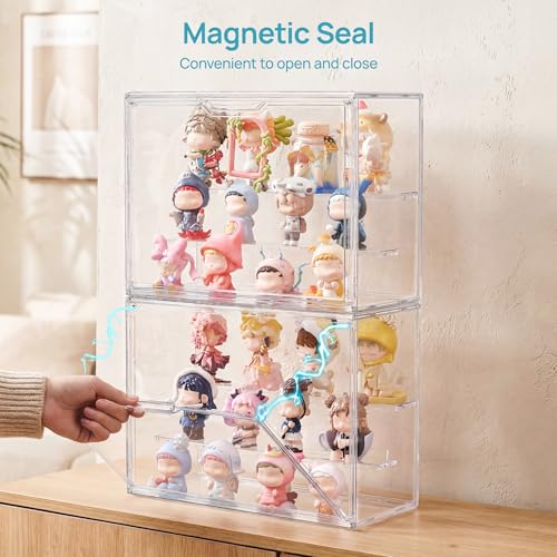 Vtopmart 1 Pack Acrylic Display Case, Stackable Figure Display Case with Magnetic Door & Adjustable Shelves, Clear Collectibles Showcase for Action Figures, Miniatures, Models