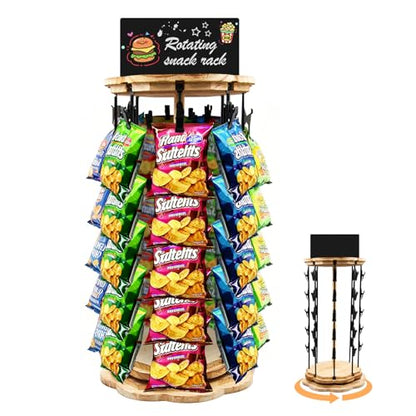 Chip Rack Display Stand 5 Tiers 40 Clips Snack Organizer With Message Board Rotating Potato Chip Rack Display Stand with Wooden Base Chip Holder for Party Retail Concession Countertop