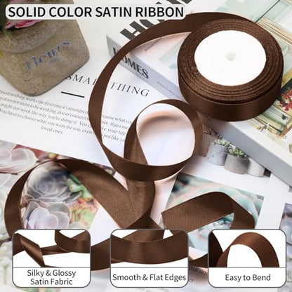 Dark Brown Satin Ribbon - 1 Inch x 25 Yards, Wedding Bouquet Ribbon in Pink Silk, Silky Polyester Shiny Fabric for Hair, Gift Wrapping, Flower Bouquets, Crafts, Sewing - color: Dark Brown, size: 1 Inch x 25 Yards