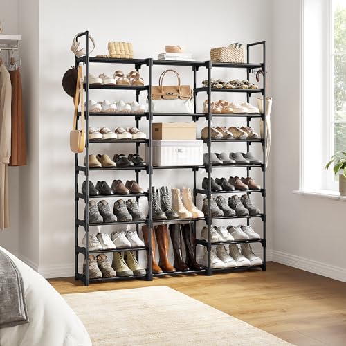 WOWLIVE 9 Tier 3-Column Shoe Rack, 50-55 Pairs Stackable Black - color: Black, size: 3 Row 9 Tier
