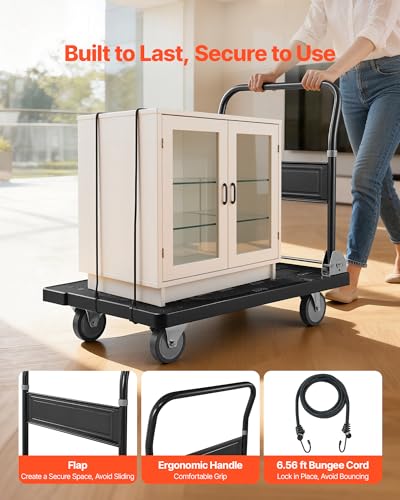 VEVOR Platform Truck Push Cart Dolly, 1000LBS Heavy Duty Folding Platform Truck with 360° Swivel Wheels, Flat Bed Cart with Space Saving Push Handle for Garage/Basement/Office/Warehouse - size: 35.2 x 23.4 x 33.5 in/ 895 x 595 x 850 mm