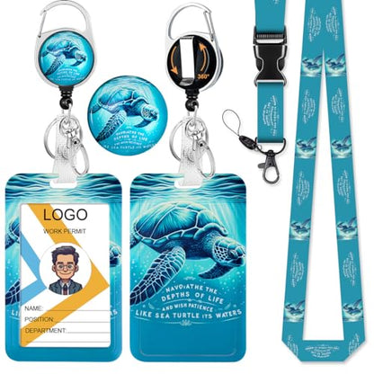 Cute Sea Turtle ID Badge Holder with Lanyard and Retractable Badge Reel - color: Sea Turtle