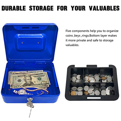 Steel Cash Box with Key Lock, Metal Small Money Organizer with Money Tray,Cash Storage Box with Lockable Cover (Blue - 6 inch) - color: Blue - 5.9" x 3.1" x 4.7"