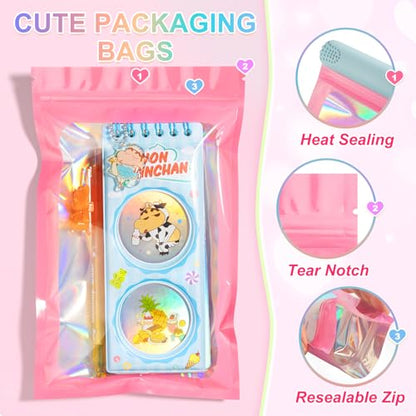 ANZNKU 100PCS Holographic Pink Mylar Bags, Resealable Smell Proof 5.1x8.3 - color: Pink, size: 5.1 x 8.3 Inch