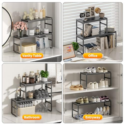 Expandable Kitchen Organizer Shelf, Cabinet Countertop Shelves - color: Black