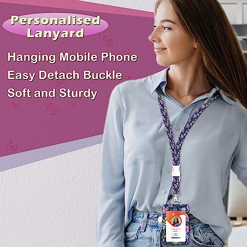 ID Badge Holder with Lanyard,Retractable ID Badge Card Holders Detachable Neck Lanyard Strap with Badge Reel and Vertical ID Holder for Nurse Students Teachers Office Staff(Flower Purple) - color: Flower Purple