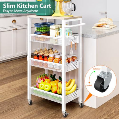 Vivihomety 4-Tier Laundry Utility Rolling Storage Cart with Wheels, Metal - color: White, size: 8.1 inch wide