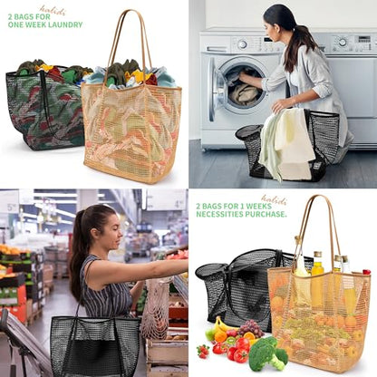 KALIDI Beach Mesh Tote Bag, Casual MAX 23L Summer Foldable Hobo Bag Women - color: Black Khaki