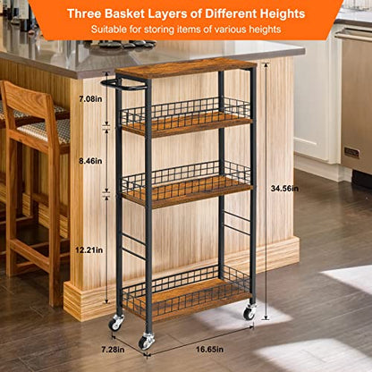 YBING Slim Storage Cart 4 Tier Narrow Kitchen Rolling Cart - color: Browm