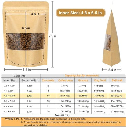 50 Pack Kraft Resealable Bags with Window for Storage (4.8 x 6.5 Inches) - size: 4.8 x 6.5 Inches