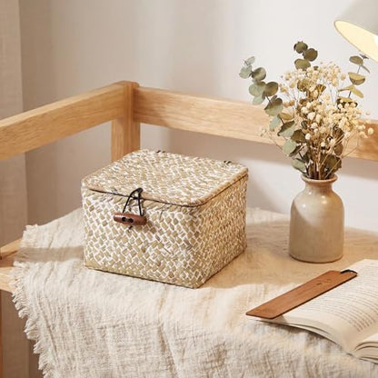 Hipiwe Handwoen Seagrass Basket with Lid Mini Woven Wicker Box,3.5"x3.5"x2" - color: Whitewash color, size: 3.5" x 3.5" x 2"