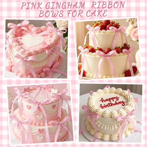 30 Pack Bow Cake Toppers Pink Gingham Ribbon Bows for Cake - color: Pink Gingham