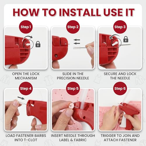 ASEER Micro Stitch Gun No Sew Kit 6 Needles 2000 Fasteners 200 Buttons - color: Red