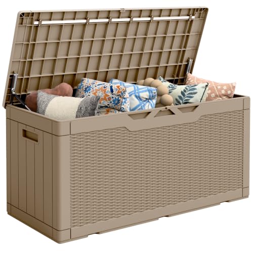 Flamaker Outdoor Storage Box 100 Gallon Waterproof Resin Deck Box - color: Light Brown, size: 100 Gallon