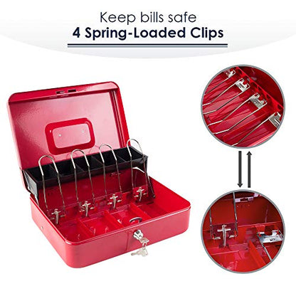KYODOLED Locking Cash Box with Lock,Money Box with Cash Tray,Lock Safe Box with Key,Money Saving Organizer,11.81Lx 9.45Wx 3.54H Inches,Red XL Large - color: Red