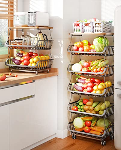 MURRI&MURRDI Fruit Vegetable Storage Basket with Wooden Lid, 6 Tier Stackable Wire Kitchen Cart with Wheels, Tall Produce Snack Racks Display, Narrow Rolling Cart for Pantry Onion Potato, Black - color: 6 Black