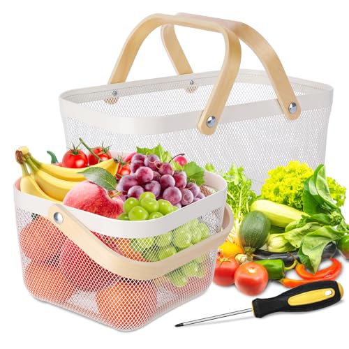 2 Pack Garden Harvest Basket, Metal Mesh Wire Picnic Basket with Handle - color: White