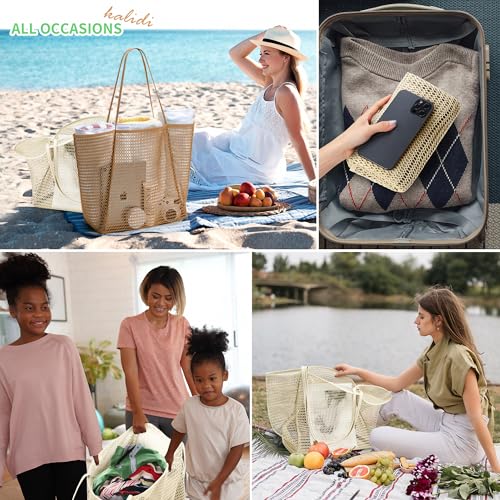 KALIDI Beach Mesh Tote Bag, Casual MAX 23L Summer Foldable Hobo Bag Women - color: Beige Khaki