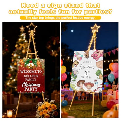 Interchangeable Bow & Star Top Gold Easel Stand for Sign, 62"–47" Height Adjustable Heavy Duty Wedding Easel Stand with 3 Display Modes — Perfect for Welcome Signs, Christmas Decor, Parties & Events