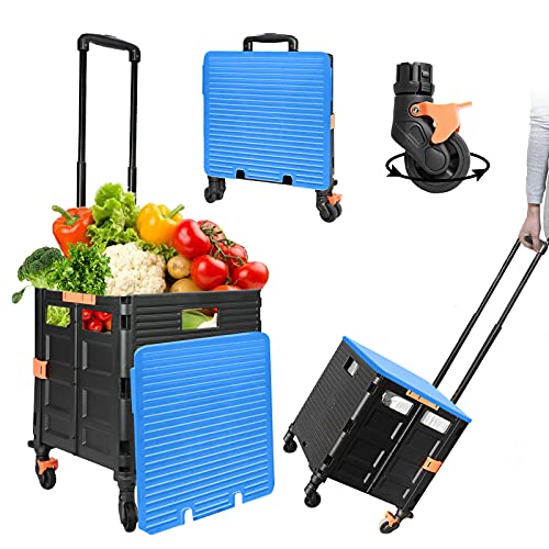 Foldable Utility Cart,Rolling Crate Heavy Duty Shopping Cart with 360° Silent Wheel with Brake System,55L Capacity,Transport Weight up to 177 Pounds,Travel Shopping Moving Luggage Office Use - color: Black&blue Lid