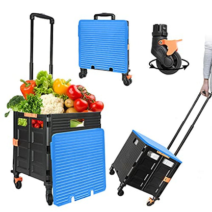 Foldable Utility Cart,Rolling Crate Heavy Duty Shopping Cart with 360° Silent Wheel with Brake System,55L Capacity,Transport Weight up to 177 Pounds,Travel Shopping Moving Luggage Office Use - color: Black&blue Lid