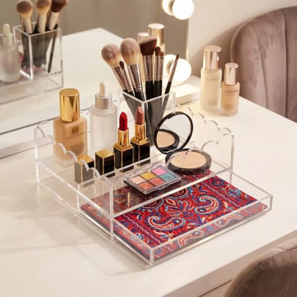 2 Pack Scalloped Acrylic Tray with Insert, 6 x 6 x 2.5 Inch Acrylic Trays for Needlepoint, Acrylic Trays for Embroidery Display, Clear Decorative Tray with Drawer for Photos, Art, Fabric, Messages