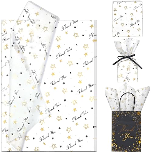 LIAPAWPAW Thank You Tissue Paper, Metallic Black and Gold Gift Wrapping Tissue Paper for Gift Bags Boxes, Vintage Gifts Packaging for Thanksgiving Birthday Holiday Party Basket Decor 30 Sheets 20x14in - color: Black Gold