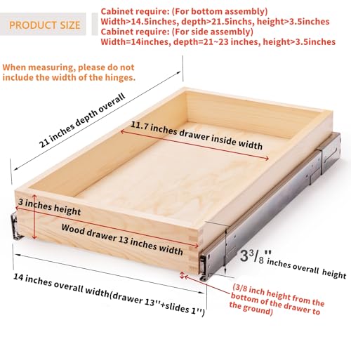 Mulush 13”W x 21”D x 3”H Soft Close Slide Out Wood Drawer Organizer for Kitchen, (Cabinet Opening Width>14.5 inches for Bottom Assembly, Width= 14 inches for Side Assembly) - size: 13"W x 21"D