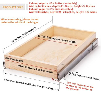 Mulush 13”W x 21”D x 3”H Soft Close Slide Out Wood Drawer Organizer for Kitchen, (Cabinet Opening Width>14.5 inches for Bottom Assembly, Width= 14 inches for Side Assembly) - size: 13"W x 21"D