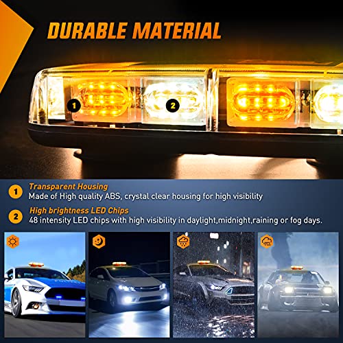 Nilight 12 Inch Roof Top Strobe Lights 48LED Hazard Light Emergency Safety Warning LED Flashing Bar Magnetic Mount 12V 24V Cars Trucks Tractors Snow Plows Construction Vehicles - color: Amber Mix White
