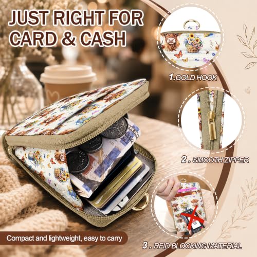 Lightweight Lanyard Wallet with RFID Blocking Card Holder, ID Badge Holder - color: Floral Highland Cow