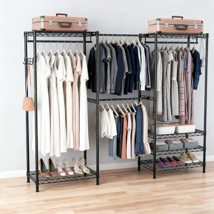 Heavy Duty Closet Garment Rack, Metal Clothes Racks Wardrobe with Shelf - color: Black